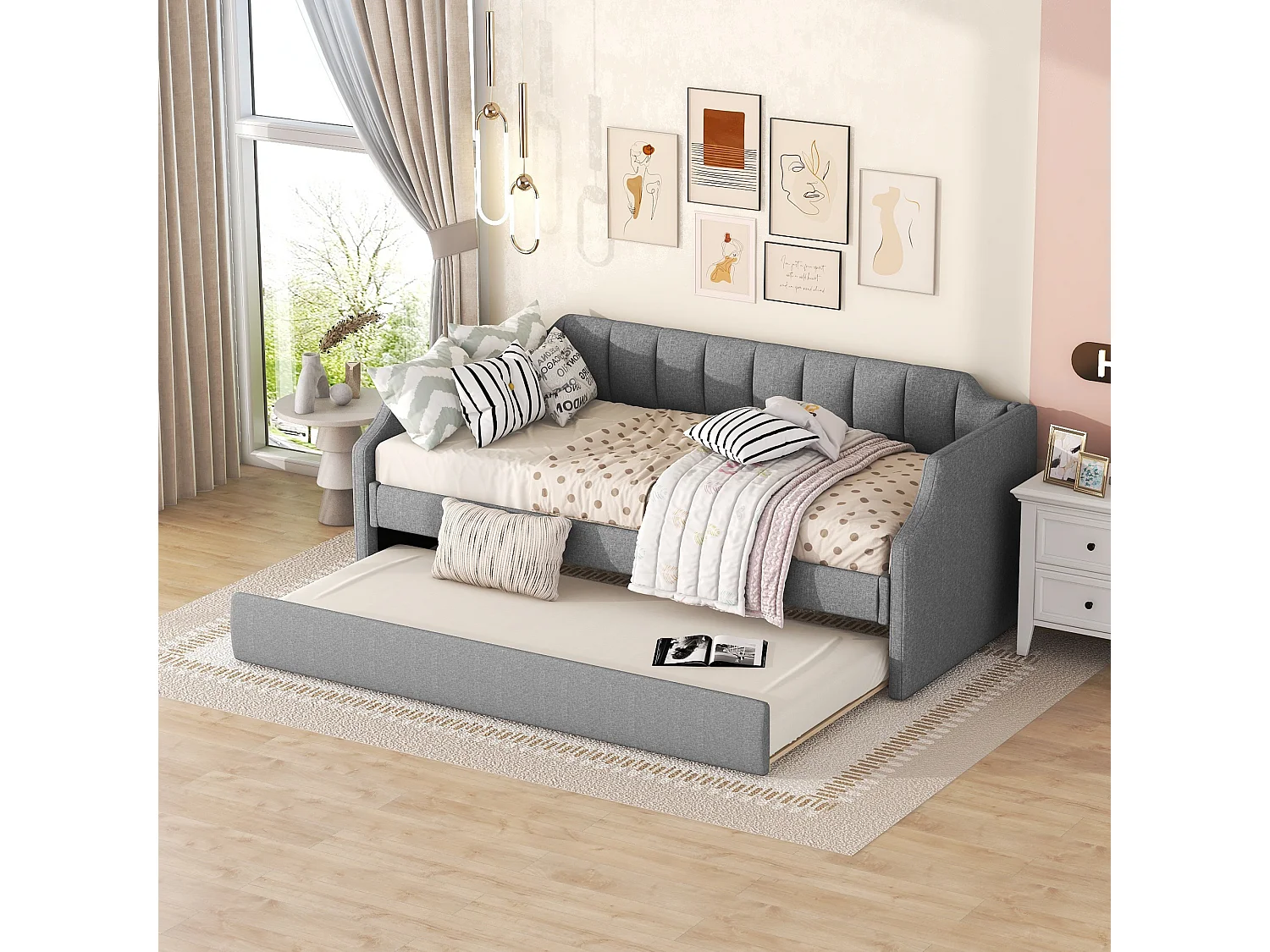 Dagbed 90x200 cm met rolbed, in linnen, grijs, functioneel en praktisch (213x97x81 cm)
