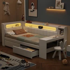 Dagbed 90×200 cm met USB-aansluitingen en LED, met opklapbed en bureau, wit (242,5×102,5×93,5 cm) Dagbed 90×200 cm met USB-aansluitingen en LED, met opklapbed en bureau, wit (242,5×102,5×93,5 cm)