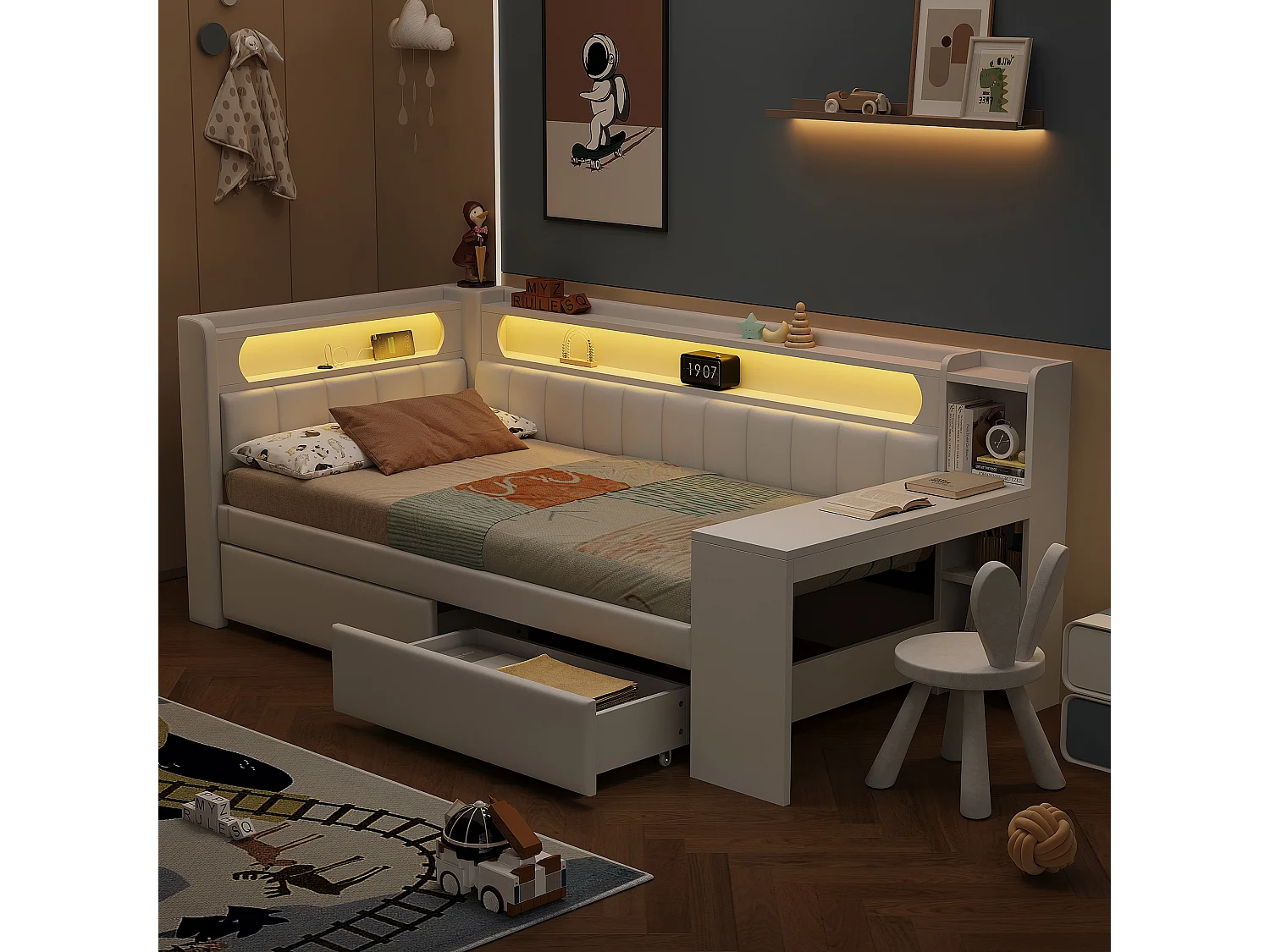 Dagbed 90x200 cm met USB-aansluitingen en LED, met opklapbed en bureau, wit (242,5x102,5x93,5 cm)