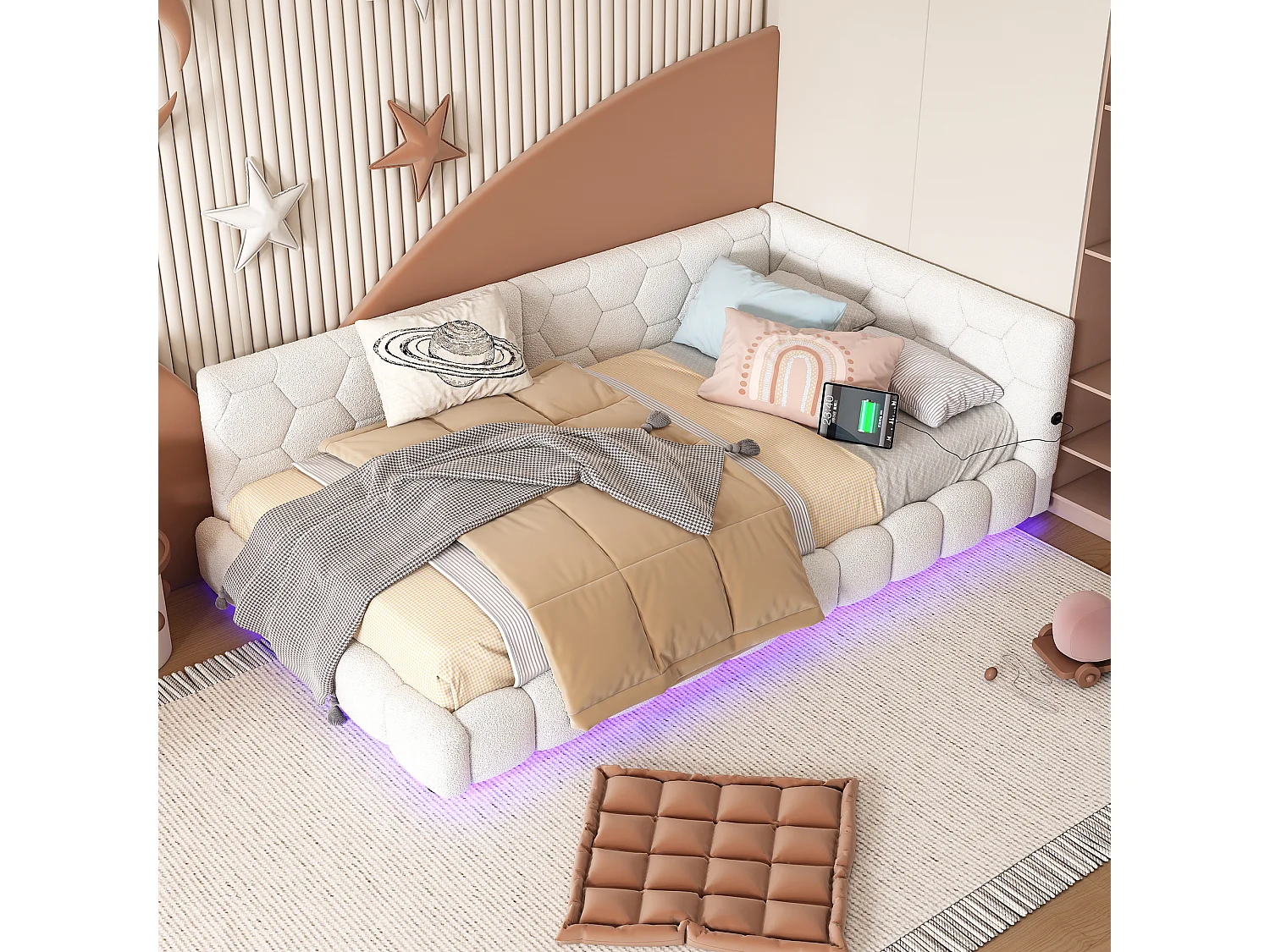 Dagbed, 90x200 cm, slaapbank, met 16 LED-verlichtingskleuren, USB en Type-C, fluwelen stof, wit (214x152x64,5 cm)