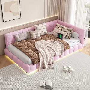 Dagbed, 90×200 cm, slaapbank, met 16 LED-verlichtingskleuren, USB en Type-C, fluwelen stof, roze (214x152x64,5 cm) Dagbed, 90×200 cm, slaapbank, met 16 LED-verlichtingskleuren, USB en Type-C, fluwelen stof, roze (214x152x64,5 cm)
