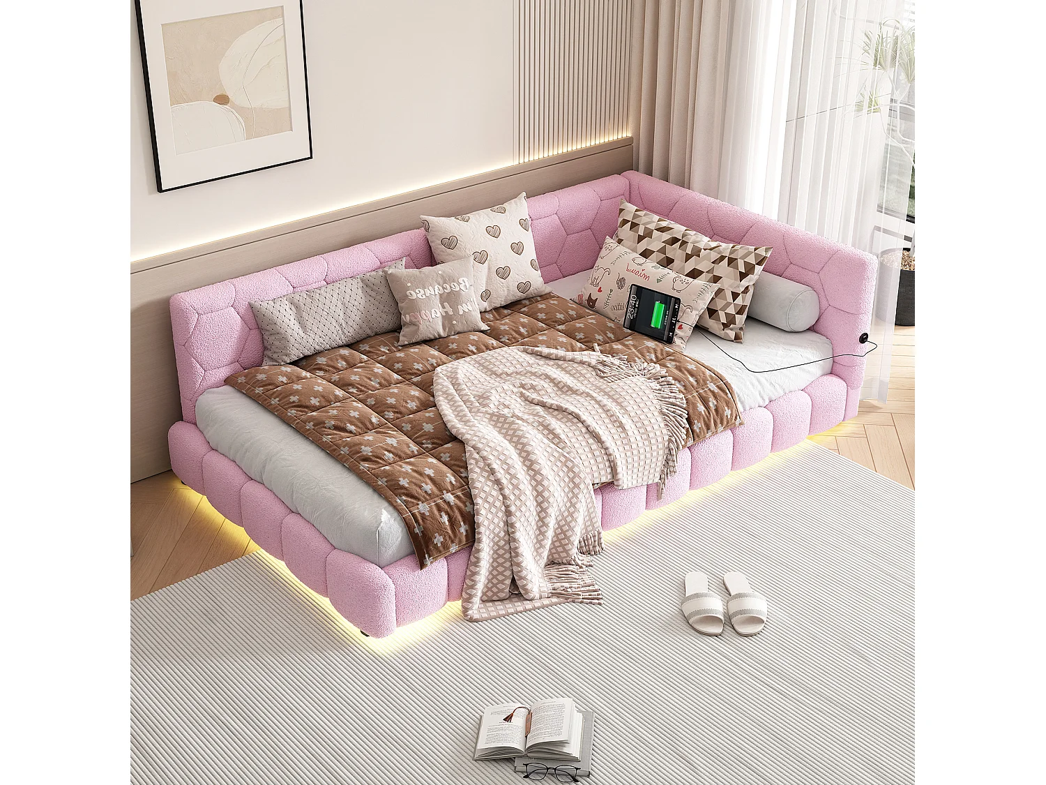 Dagbed, 90x200 cm, slaapbank, met 16 LED-verlichtingskleuren, USB en Type-C, fluwelen stof, roze (214x152x64,5 cm)