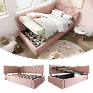 Dagbed 90×190 cm, slaapbank met hydraulische opbergruimte, bed voor kinderen en tieners, houten frame met lattenbodem, fluweel, roze (196x100x77 cm)