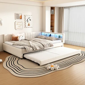 Daybed 140×200 cm, slaapbank, met LED, opbergruimte, USB + Type-C, uitschuifbaar bed, zonder matras, linnen, beige (210x145x70,5 cm)