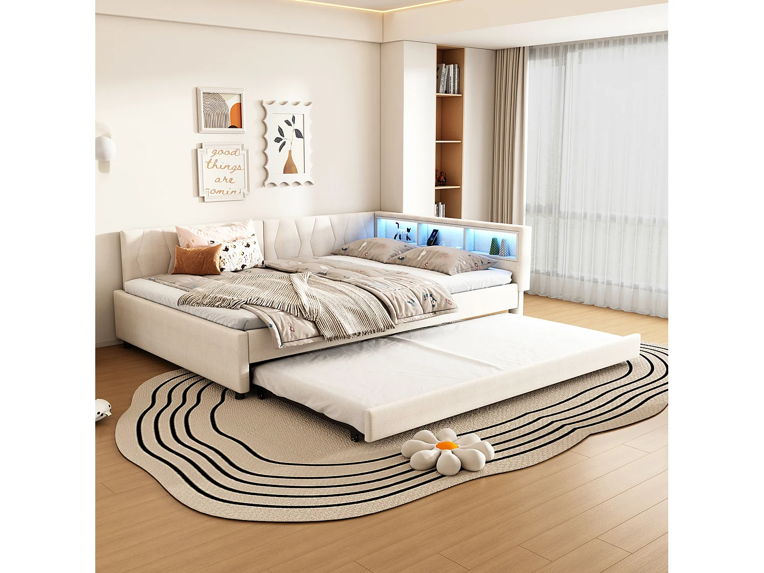 Daybed 140x200 cm, slaapbank, met LED, opbergruimte, USB + Type-C, uitschuifbaar bed, zonder matras, linnen, beige (210x145x70,5 cm)