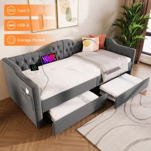 Dagbed met USB Type-C-oplader, frame bekleed met grijs linnen, 2 opberglades, 90x200cm (215x99x86,5cm) Dagbed met USB Type-C-oplader, frame bekleed met grijs linnen, 2 opberglades, 90x200cm (215x99x86,5cm)