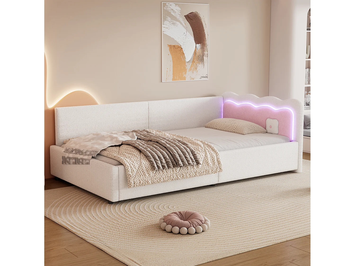 Daybed 90x200cm, Daybed, Slaapbank, Ingebouwde opbergruimte, USB + Type C, LED-afstandsbediening, Bed met bodem (zonder matras), Fluweel, Wit (209x98x69 cm)