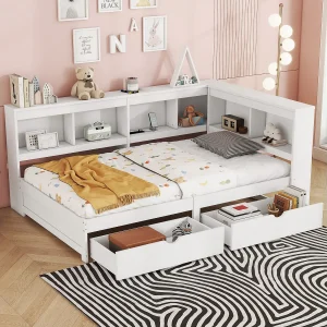 Dagbed 90 x 200 cm, met 2 lades, stopcontact en 2 USB-aansluitingen, spaanplaatstructuur, wit (223,6 x 116,6 x 70 cm) Dagbed 90 x 200 cm, met 2 lades, stopcontact en 2 USB-aansluitingen, spaanplaatstructuur, wit (223,6 x 116,6 x 70 cm)