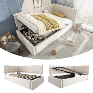 Dagbed 90×190 cm, slaapbank met hydraulische opbergruimte, bed voor kinderen en tieners, houten frame met lattenbodem, fluweel, beige (196x100x77 cm) Dagbed 90×190 cm, slaapbank met hydraulische opbergruimte, bed voor kinderen en tieners, houten frame met lattenbodem, fluweel, beige (196x100x77 cm)