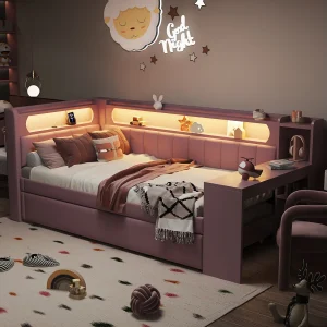 Daybed 90×200 cm met USB-poorten en LED, Murphy bed met bureau, roze (237×103,5×93,5 cm) Daybed 90×200 cm met USB-poorten en LED, Murphy bed met bureau, roze (237×103,5×93,5 cm)