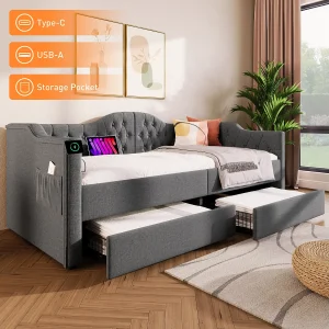 Dagbed met USB Type-C-oplader, frame bekleed met grijs linnen, 2 opberglades, 90x190cm (205x99x86,5cm) Dagbed met USB Type-C-oplader, frame bekleed met grijs linnen, 2 opberglades, 90x190cm (205x99x86,5cm)