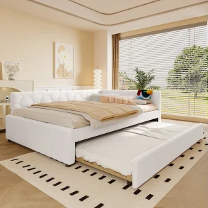 Daybed 140×200 cm, slaapbank met fluwelen structuur, met bedlamp, multifunctioneel opklapbed, USB- en Type-C-poorten, wit (208x145x66,5 cm)