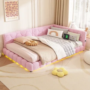 Daybed, 140×200 cm, slaapbank, met 16-kleurige sfeerverlichting, USB, Type-C, fluwelen stof, roze (214x152x64,5 cm) Daybed, 140×200 cm, slaapbank, met 16-kleurige sfeerverlichting, USB, Type-C, fluwelen stof, roze (214x152x64,5 cm)