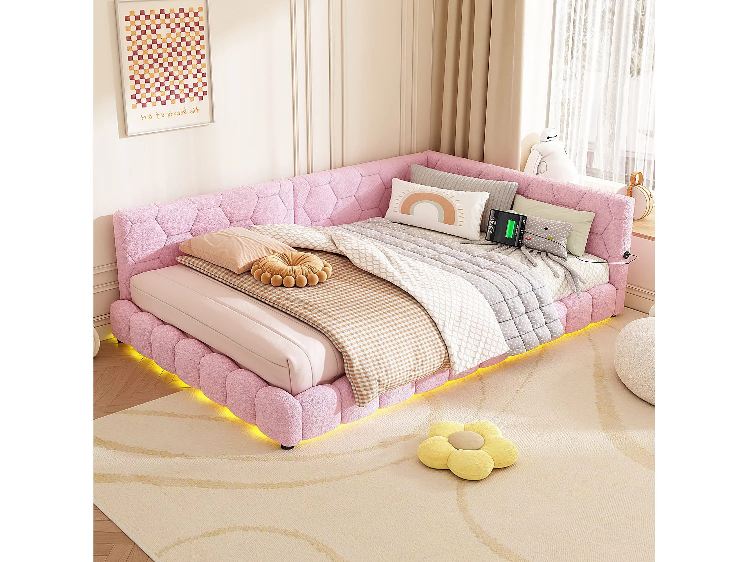 Daybed, 140x200 cm, slaapbank, met 16-kleurige sfeerverlichting, USB, Type-C, fluwelen stof, roze (214x152x64,5 cm)