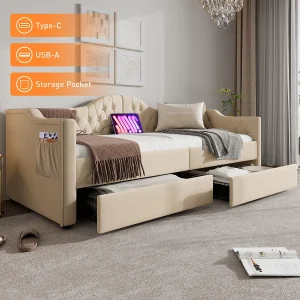 Dagbed met USB Type-C-oplader, beige fluwelen frame, 2 opberglades, 90x200cm (215x99x86,5cm) Dagbed met USB Type-C-oplader, beige fluwelen frame, 2 opberglades, 90x200cm (215x99x86,5cm)