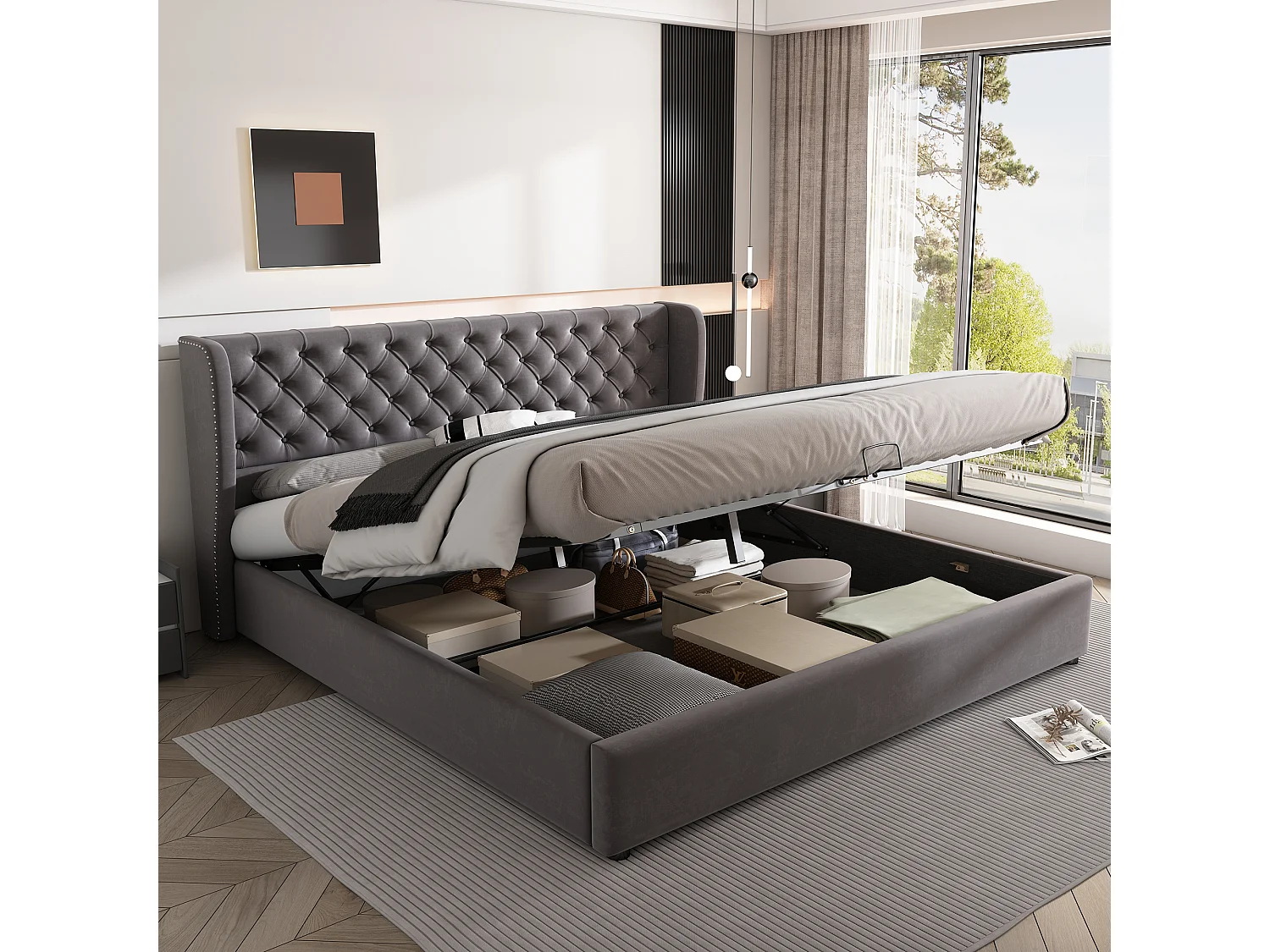 Chesterfield design fluwelen vleugelbed, 180x200 cm, hydraulisch met opbergruimte, grijs (207x186x99 cm)