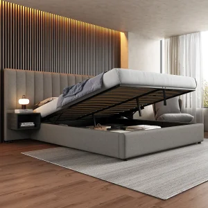 Breed hydraulisch gestoffeerd bed met 2 nachtkastjes, geïntegreerde opbergruimte, linnen, grijs en zwart (180x200x? cm) Breed hydraulisch gestoffeerd bed met 2 nachtkastjes, geïntegreerde opbergruimte, linnen, grijs en zwart (180x200x? cm)
