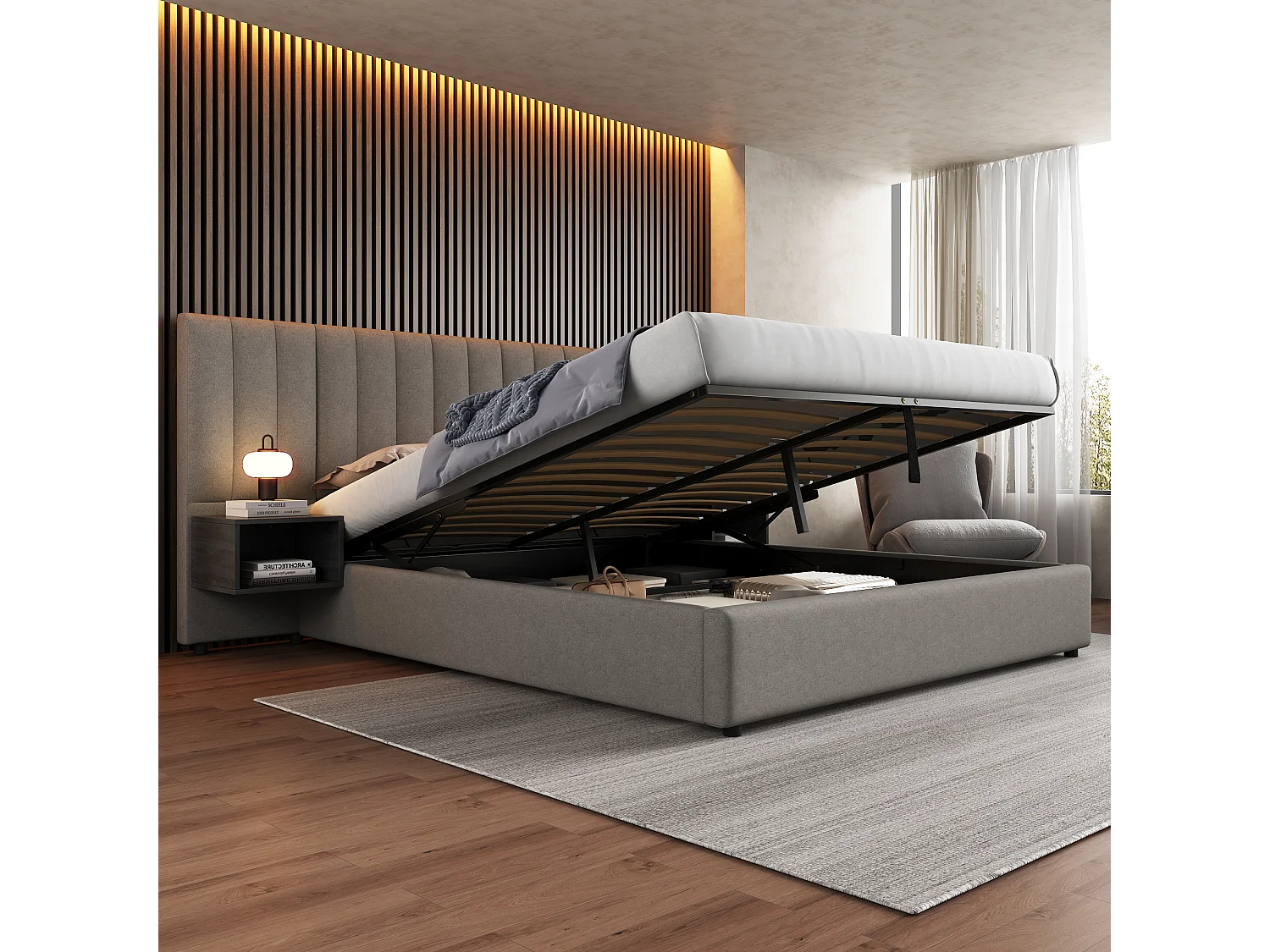 Breed hydraulisch gestoffeerd bed met 2 nachtkastjes, geïntegreerde opbergruimte, linnen, grijs en zwart (180x200x? cm)