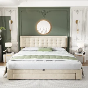 Design tweepersoonsbed met opbergruimte 160×200 cm – Zachte beige fluwelen bekleding (matras niet inbegrepen) Design tweepersoonsbed met opbergruimte 160×200 cm – Zachte beige fluwelen bekleding (matras niet inbegrepen)