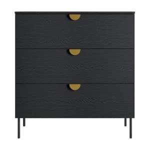 Commode MONDO – Zwart gestructureerd en goud – 3 laden – Metalen poten – Modern en functioneel design Commode MONDO – Zwart gestructureerd en goud – 3 laden – Metalen poten – Modern en functioneel design