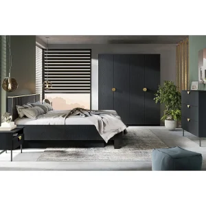 Complete slaapkamer MONDO – Zwart gestructureerd en goud – Bed 160×200 met lattenbodem + Kledingkast + Dressoir + 2 nachtkastjes Complete slaapkamer MONDO – Zwart gestructureerd en goud – Bed 160×200 met lattenbodem + Kledingkast + Dressoir + 2 nachtkastjes