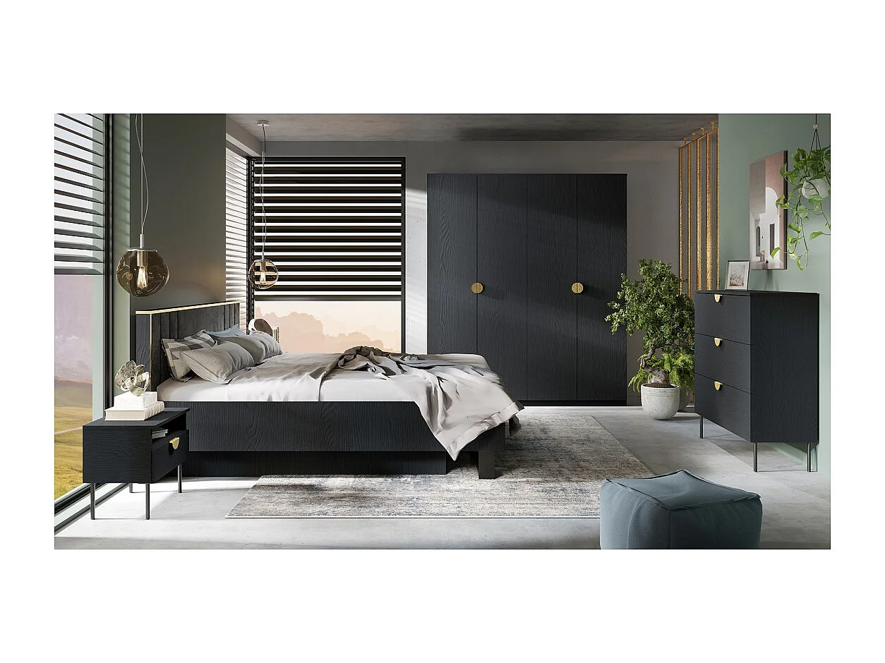Complete slaapkamer MONDO - Zwart gestructureerd en goud - Bed 160x200 met lattenbodem + Kledingkast + Dressoir + 2 nachtkastjes