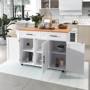 Centraal eiland op wielen – 129 x 46/71 x 91,5 cm – opklapbaar bovenblad – met 3 deuren + 2 laden – MDF – wit