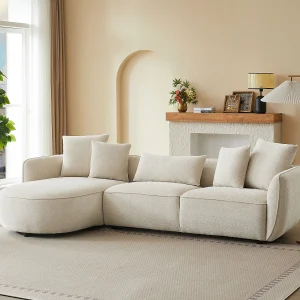Linker hoekbank in beige chenille stof DOKALO van Maison Céphy Linker hoekbank in beige chenille stof DOKALO van Maison Céphy