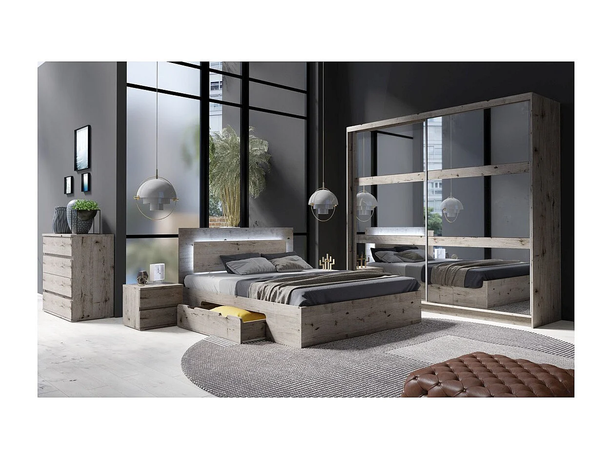 Complete slaapkamer VELTIS - Bed 160x200 LED met lattenbodem + kledingkast + commode + nachtkastjes - Wellington eiken