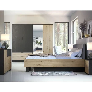 Complete kamer MELODY – Opbergbed 180×200 + kledingkast + dressoir + nachtkastjes – Grafietzwart en licht eiken – Matras niet inbegrepen