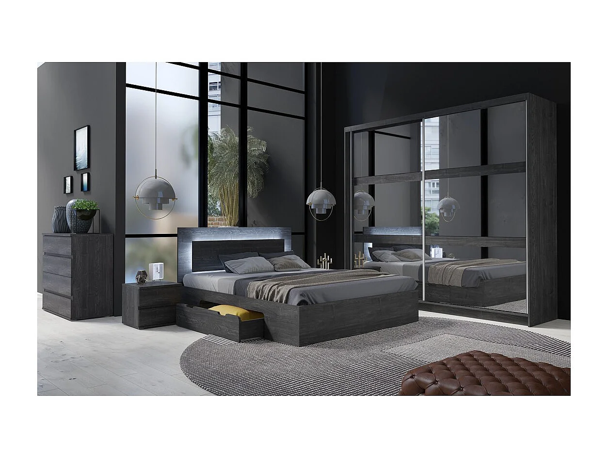 Complete slaapkamer VELTIS - Bed 180x200 LED met lattenbodem + kast + dressoir + nachtkastjes - Zwart essen