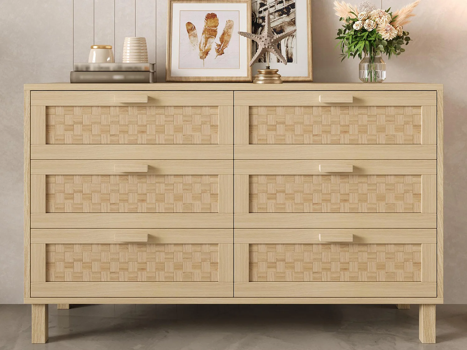 Buffet 120×40×75 cm - met 6 laden - rotan look - spaanplaat - naturel