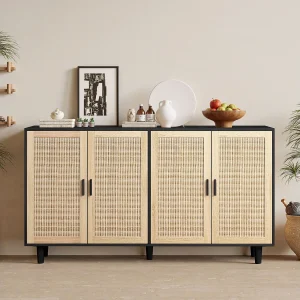 Decoratieve 4-deurs rotan opbergkast, elegant en functioneel, spaanplaat, zwart (158x40x88 cm) Decoratieve 4-deurs rotan opbergkast, elegant en functioneel, spaanplaat, zwart (158x40x88 cm)