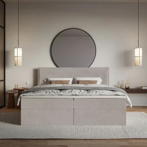 Boxspringbed 180×200 cm met topper en opbergruimte – waterafstotend velours – grijsbruin – SOFTIE