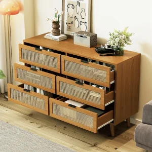 Donker naturel houten dressoir met 6 lades, metalen handgrepen, afmetingen 120 x 40 x 76,5 cm Donker naturel houten dressoir met 6 lades, metalen handgrepen, afmetingen 120 x 40 x 76,5 cm
