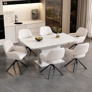Draaibare eetkamerstoelen met armleuningen, Sherpa-stof, set van 6, metalen poten, wit (68x65x51 cm) Draaibare eetkamerstoelen met armleuningen, Sherpa-stof, set van 6, metalen poten, wit (68x65x51 cm)