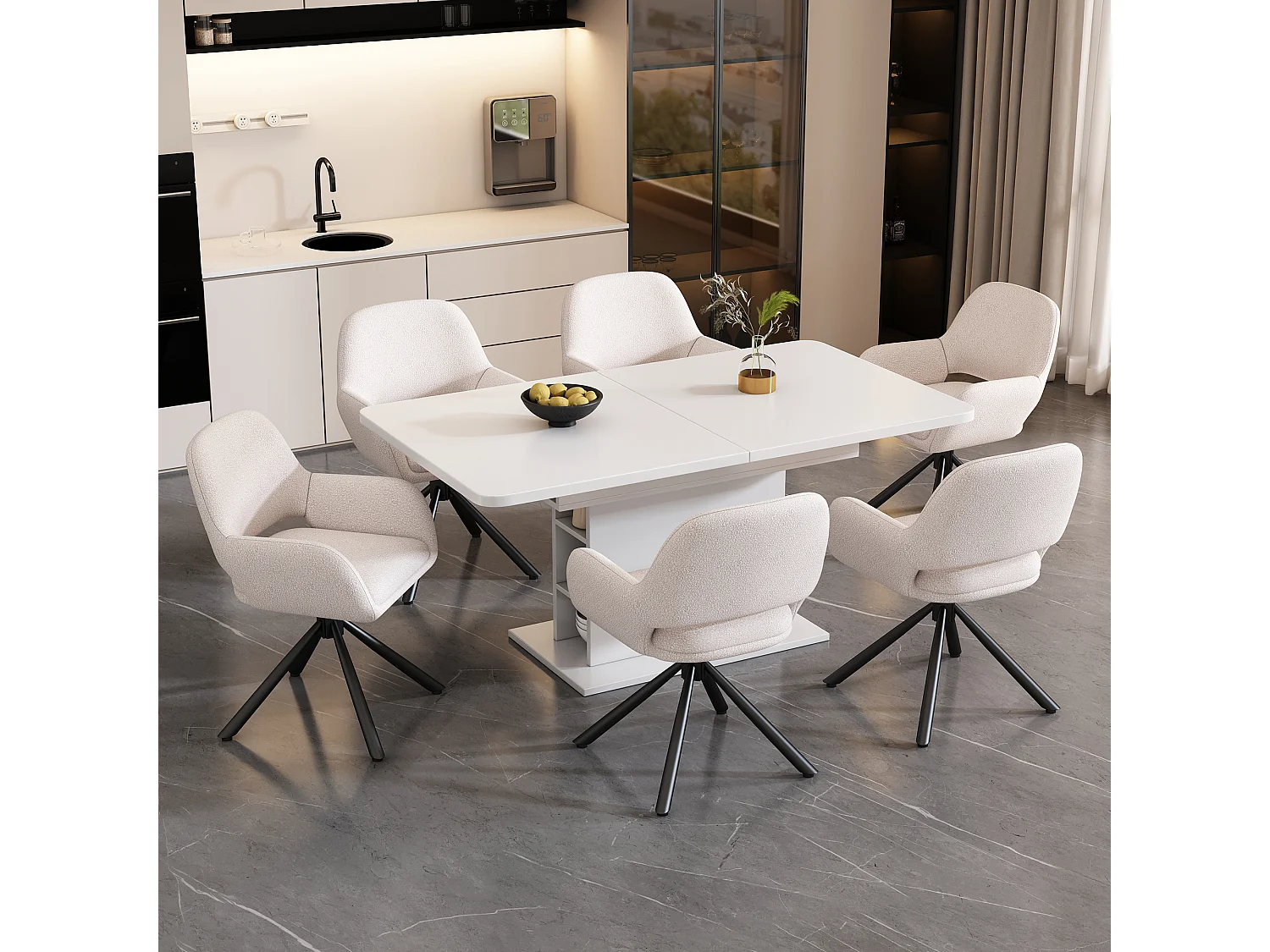 Draaibare eetkamerstoelen met armleuningen, Sherpa-stof, set van 6, metalen poten, wit (68x65x51 cm)