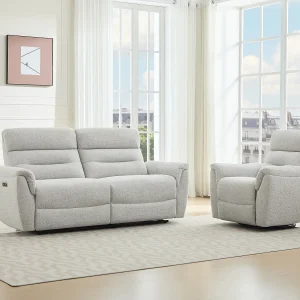 3-zitsbank en elektrische relaxfauteuil in lichtgrijs gestructureerde stof BREVIO 3-zitsbank en elektrische relaxfauteuil in lichtgrijs gestructureerde stof BREVIO