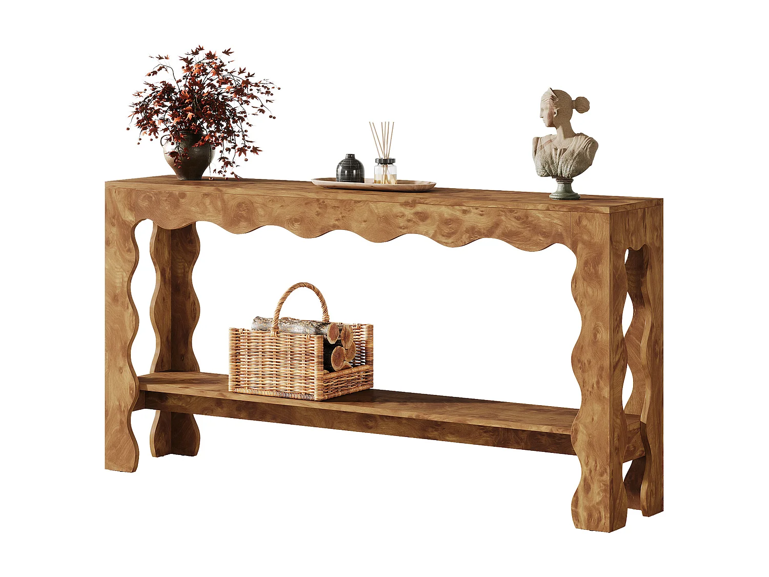 Consoletafel van 160 cm, smalle entreetafel met 2 niveaus en geschulpte poten