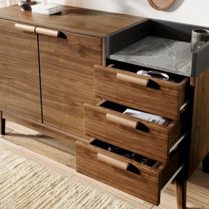 Buffet in eikenlook 120×40×77 cm – met 2 deuren en 3 laden – blad met marmerlook – Donker eiken Buffet in eikenlook 120×40×77 cm – met 2 deuren en 3 laden – blad met marmerlook – Donker eiken