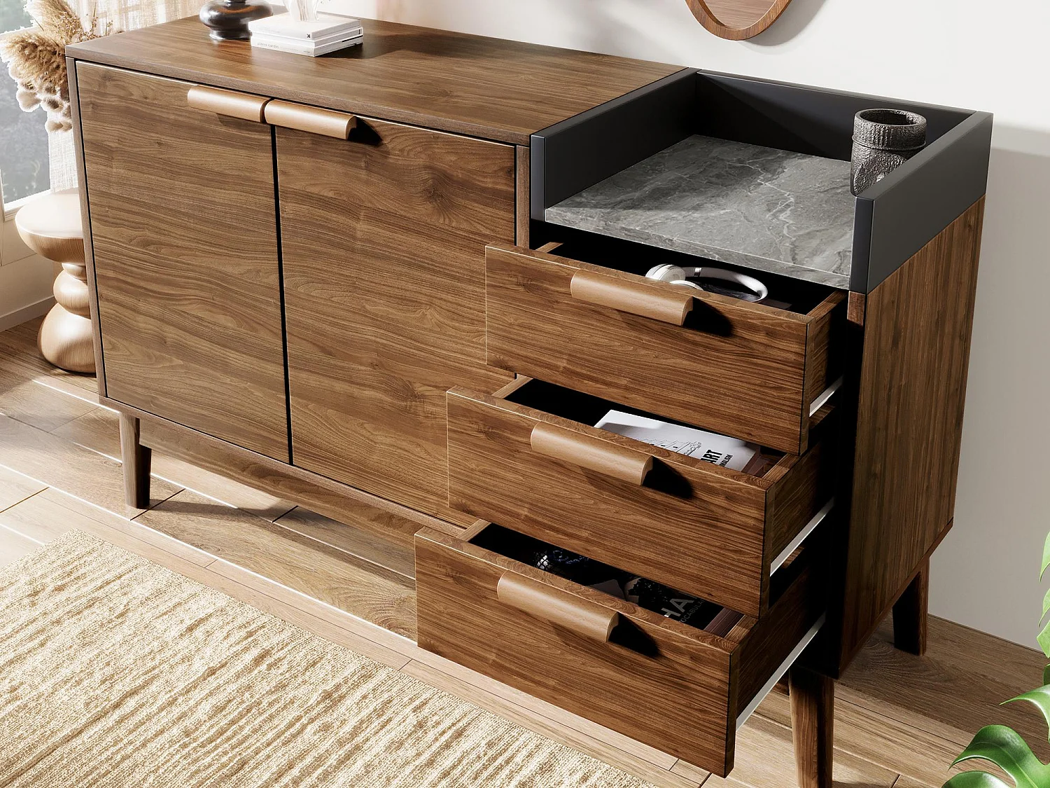 Buffet in eikenlook 120×40×77 cm - met 2 deuren en 3 laden - blad met marmerlook - Donker eiken