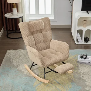 Corduroy schommelstoel, modern design met hoge gewatteerde rugleuning en hoofdsteun, kleur bruin (102x65x92cm)