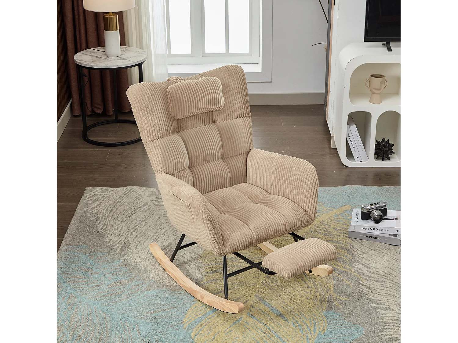 Corduroy schommelstoel, modern design met hoge gewatteerde rugleuning en hoofdsteun, kleur bruin (102x65x92cm)