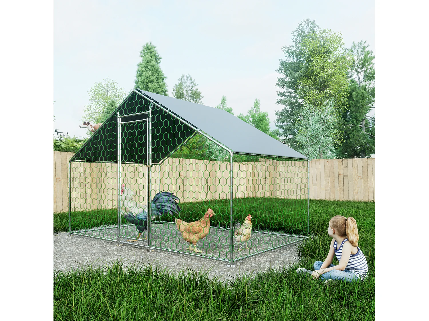 Buitenverblijf voor pluimvee/dieren, metaal, waterdicht PE-dak, slot, zilver (300x200x200cm)