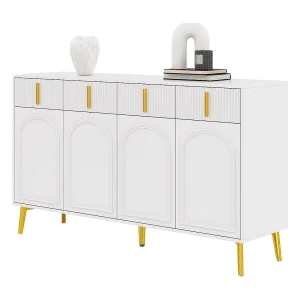 Design dressoir met gouden grepen en poten, 4 deuren en 4 laden, MDF, wit (140x38x82 cm)