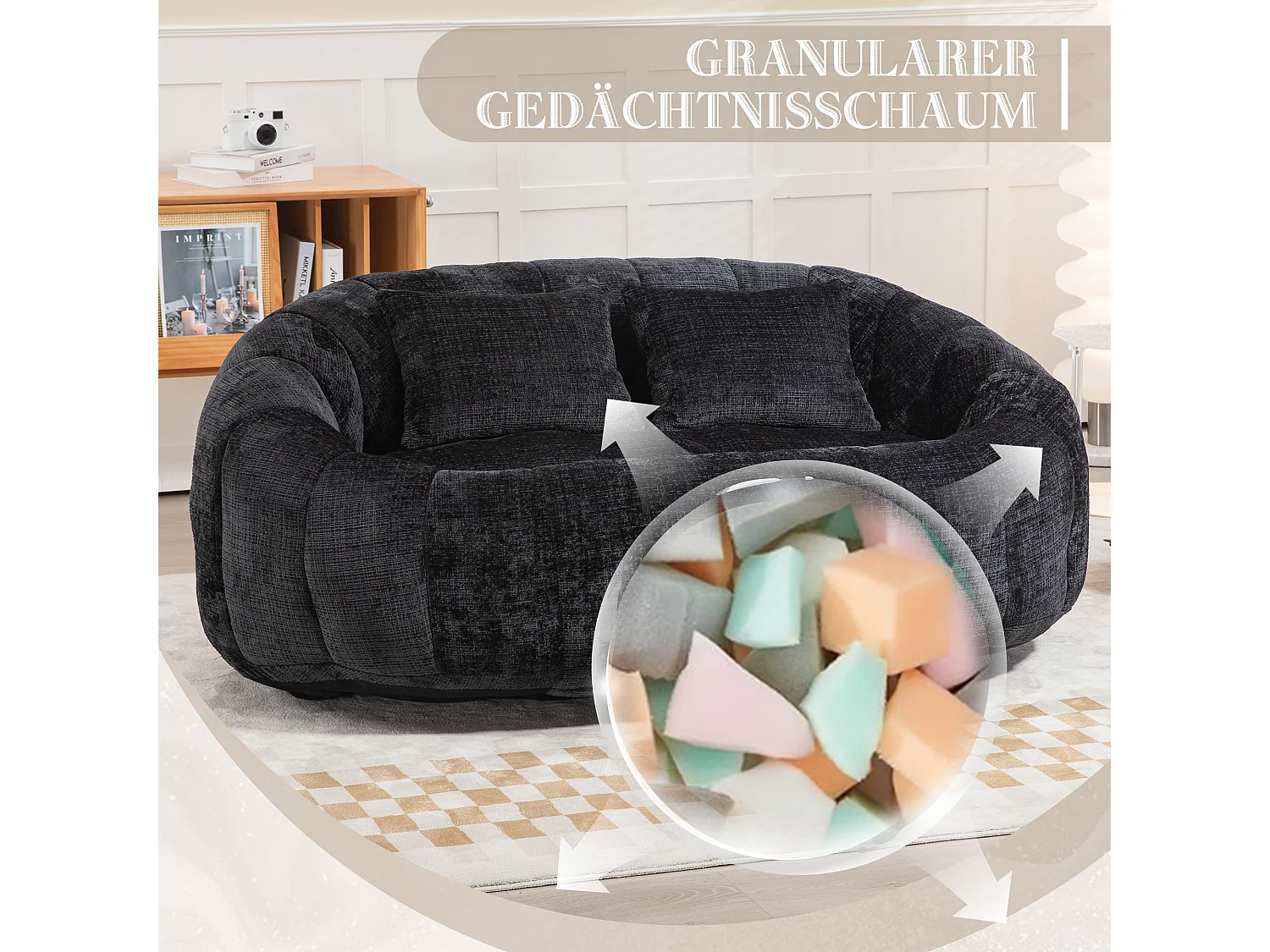 Comfortabele zitzakbank, ergonomisch design, zwarte chenille, met hoge rugleuning (150x95x63cm)
