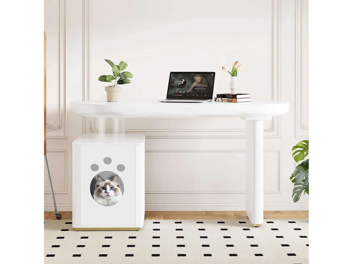 Bureau met dierenmand - 117 x 50 x 76 cm - stabiel en modern - Franse stijl - MDF - wit