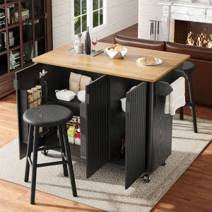 Centraal eiland op wielen – 130 x 45/75 x 92 cm – uitschuifbare trolley + 3 deuren – MDF – zwart