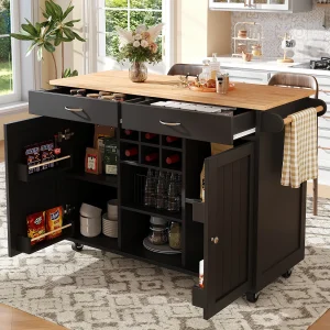 Centraal eiland op wielen – 102 x 45 x 92 cm – met 2 laden + 2 deuren – metaal + MDF – zwart
