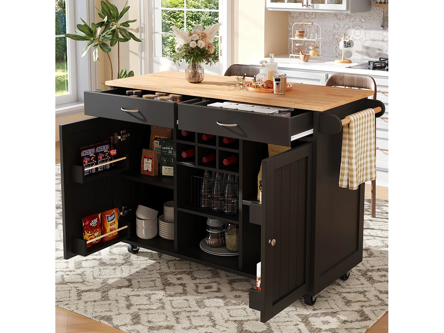 Centraal eiland op wielen - 102 x 45 x 92 cm - met 2 laden + 2 deuren - metaal + MDF - zwart